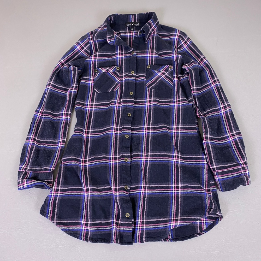 Derek Heart Flannel Tunic Shirt Women's Large Navy Pink Plaid Button Down Cotton